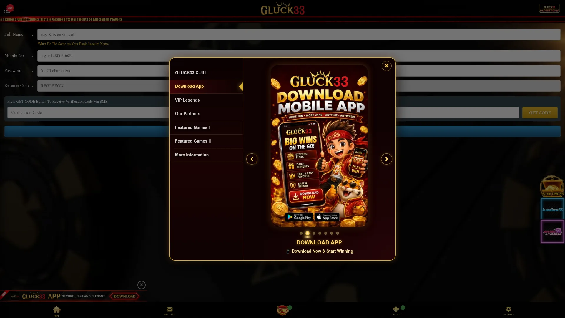 Gluck33 Casino desktop platform with casino account and game access